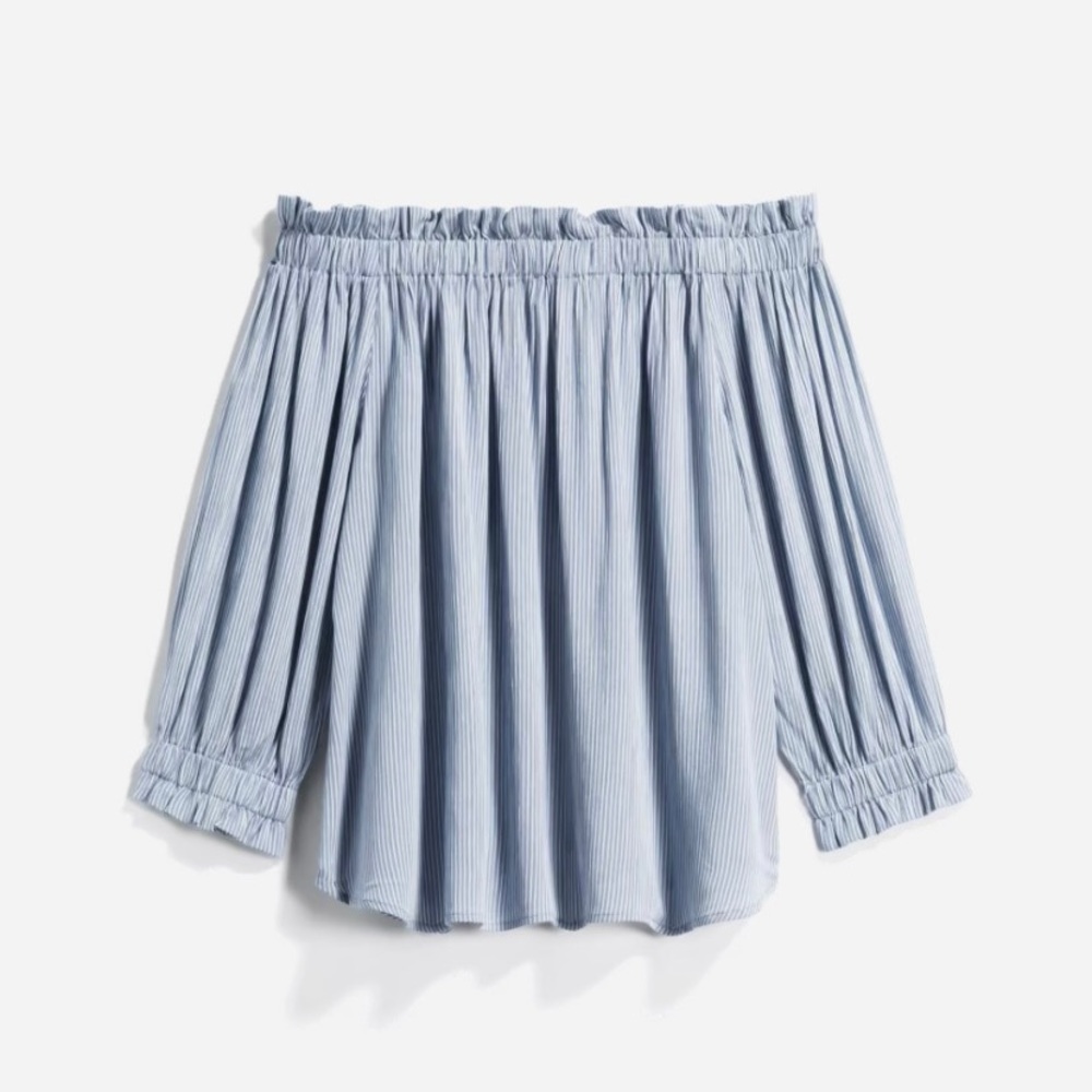 LUQ Alson off the shoulder striped top in blue and white.